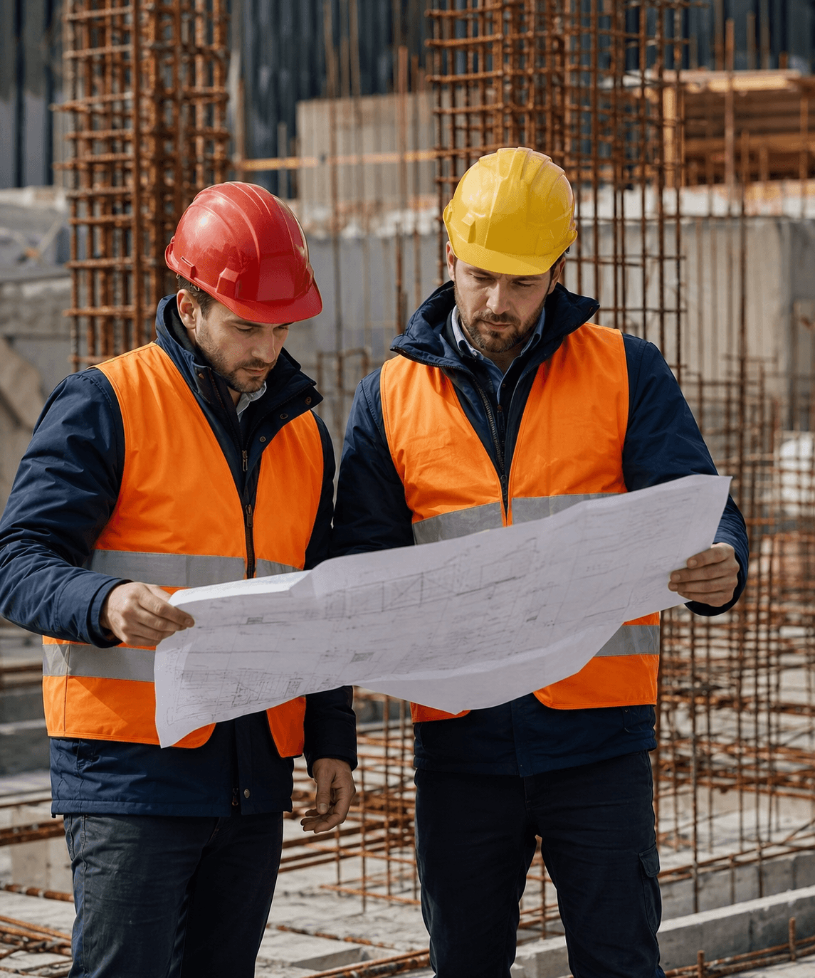 Duo d'ingénieurs FondaTerre analysant des plans sur chantier