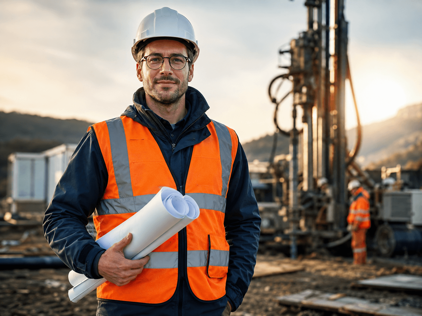 Ingénieur géotechnicien FondaTerre sur chantier avec foreuse de sondage